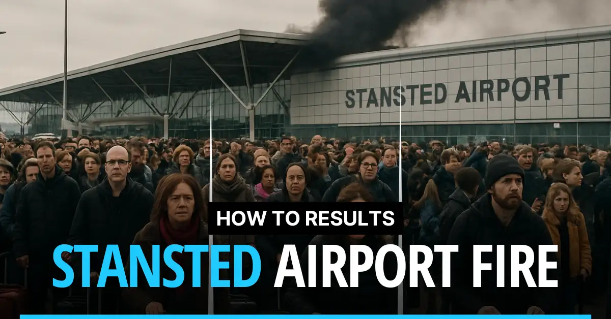 Thousands of evacuated passengers stand outside Stansted Airport with smoke rising from the terminal building due to a fire.