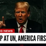 Breaking news banner showing President Trump speaking at the UN with the headline 'Trump at UN, America First. Trump UN Speech
