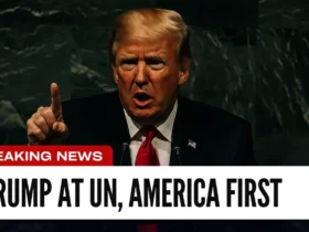 Breaking news banner showing President Trump speaking at the UN with the headline 'Trump at UN, America First. Trump UN Speech