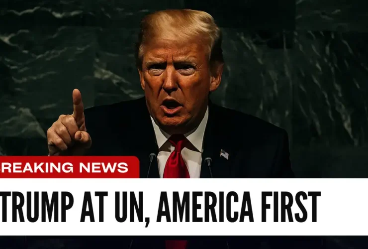 Breaking news banner showing President Trump speaking at the UN with the headline 'Trump at UN, America First. Trump UN Speech