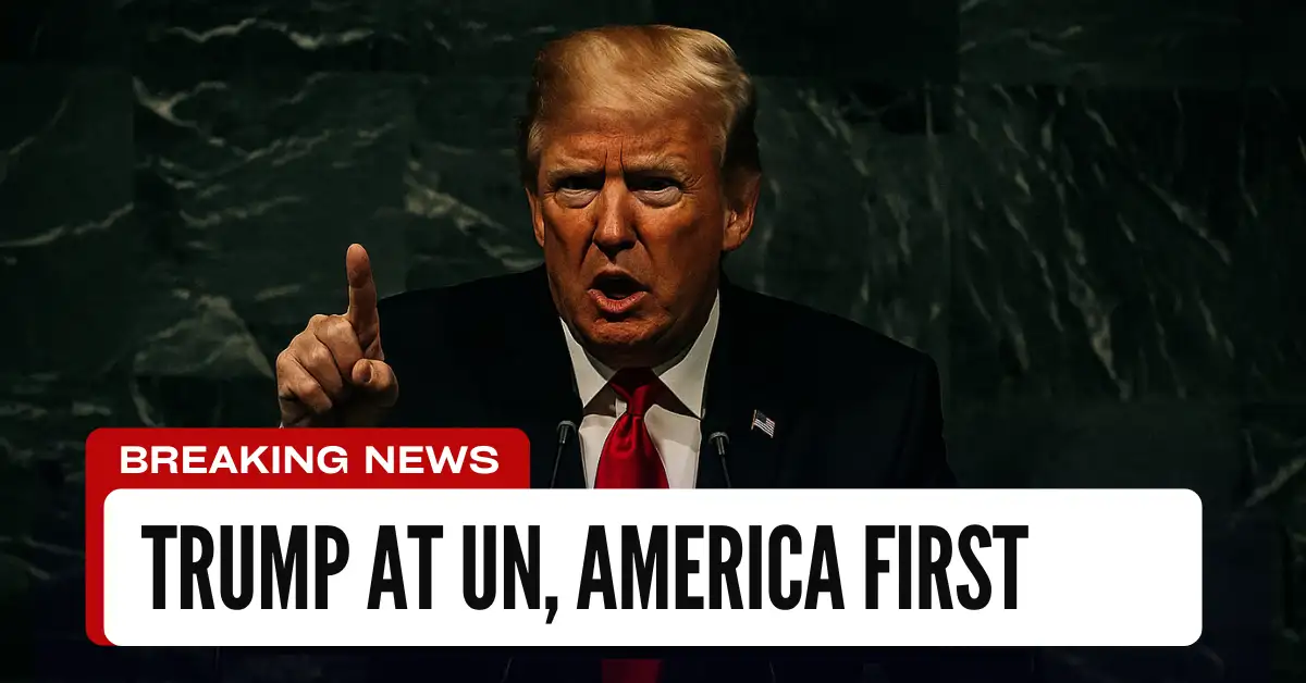 Breaking news banner showing President Trump speaking at the UN with the headline 'Trump at UN, America First. Trump UN Speech
