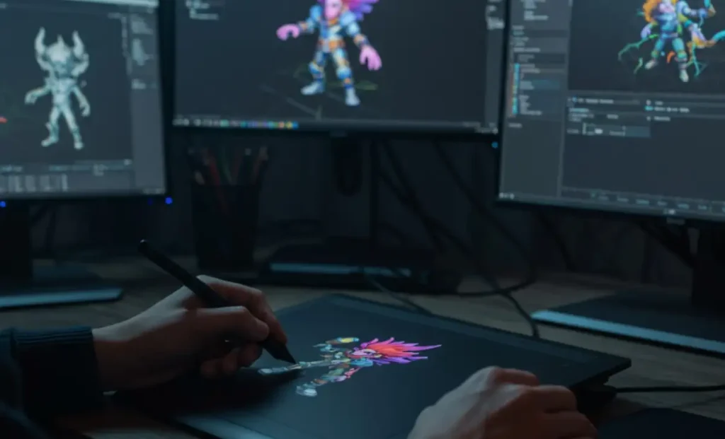 A video game designer's hands actively designing a game character on a digital tablet with multiple screens in the background.