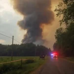 A plume of smoke rises over the trees in Bucksnort TN after an explosion at the Accurate Energetic Systems plant.