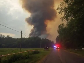 A plume of smoke rises over the trees in Bucksnort TN after an explosion at the Accurate Energetic Systems plant.
