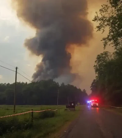 A plume of smoke rises over the trees in Bucksnort TN after an explosion at the Accurate Energetic Systems plant.