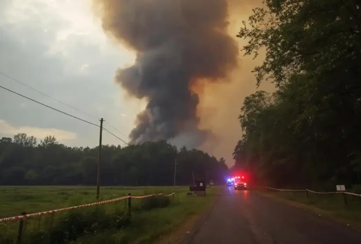 A plume of smoke rises over the trees in Bucksnort TN after an explosion at the Accurate Energetic Systems plant.