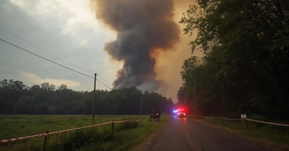 A plume of smoke rises over the trees in Bucksnort TN after an explosion at the Accurate Energetic Systems plant.