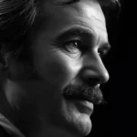 A dramatic black and white portrait of Burt Reynolds, capturing the complex legacy of the iconic Hollywood movie star.