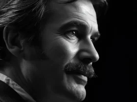 A dramatic black and white portrait of Burt Reynolds, capturing the complex legacy of the iconic Hollywood movie star.