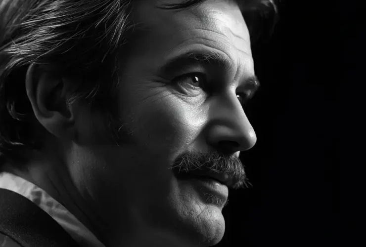 A dramatic black and white portrait of Burt Reynolds, capturing the complex legacy of the iconic Hollywood movie star.