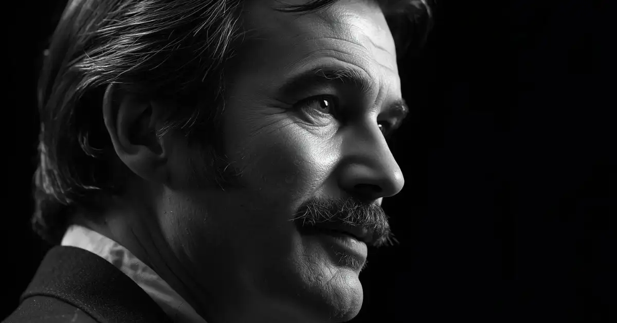 A dramatic black and white portrait of Burt Reynolds, capturing the complex legacy of the iconic Hollywood movie star.