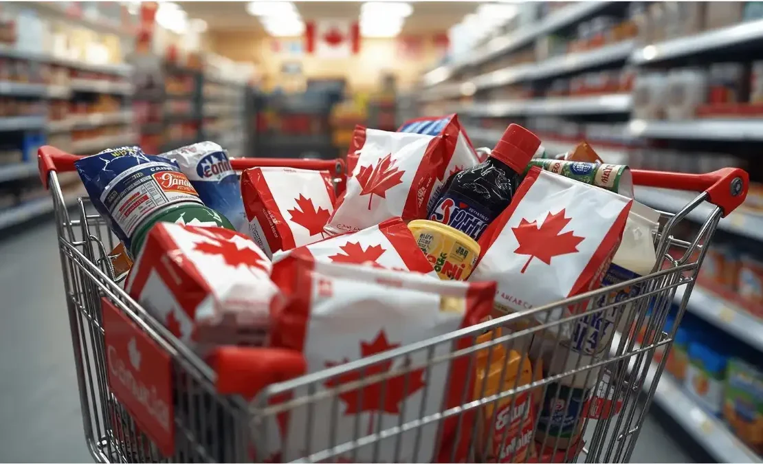 A shopping cart filled with Canadian goods, illustrating the growing Canada boycott America consumer movement focused on supporting local products.