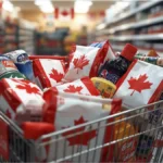 A shopping cart filled with Canadian goods, illustrating the growing Canada boycott America consumer movement focused on supporting local products.