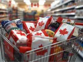 A shopping cart filled with Canadian goods, illustrating the growing Canada boycott America consumer movement focused on supporting local products.