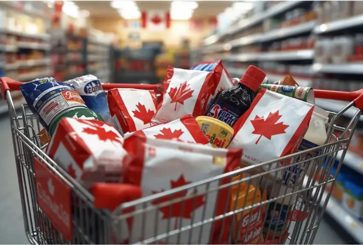 A shopping cart filled with Canadian goods, illustrating the growing Canada boycott America consumer movement focused on supporting local products.