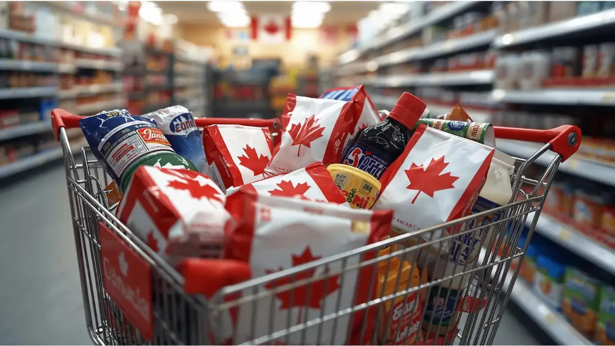 A shopping cart filled with Canadian goods, illustrating the growing Canada boycott America consumer movement focused on supporting local products.