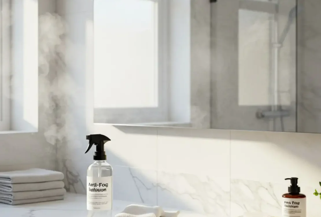 Clear bathroom mirror maintained with anti-fog solution and clean accessories