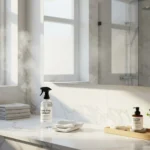 Clear bathroom mirror maintained with anti-fog solution and clean accessories