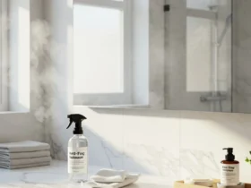 Clear bathroom mirror maintained with anti-fog solution and clean accessories