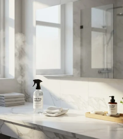 Clear bathroom mirror maintained with anti-fog solution and clean accessories