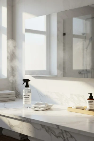 Clear bathroom mirror maintained with anti-fog solution and clean accessories