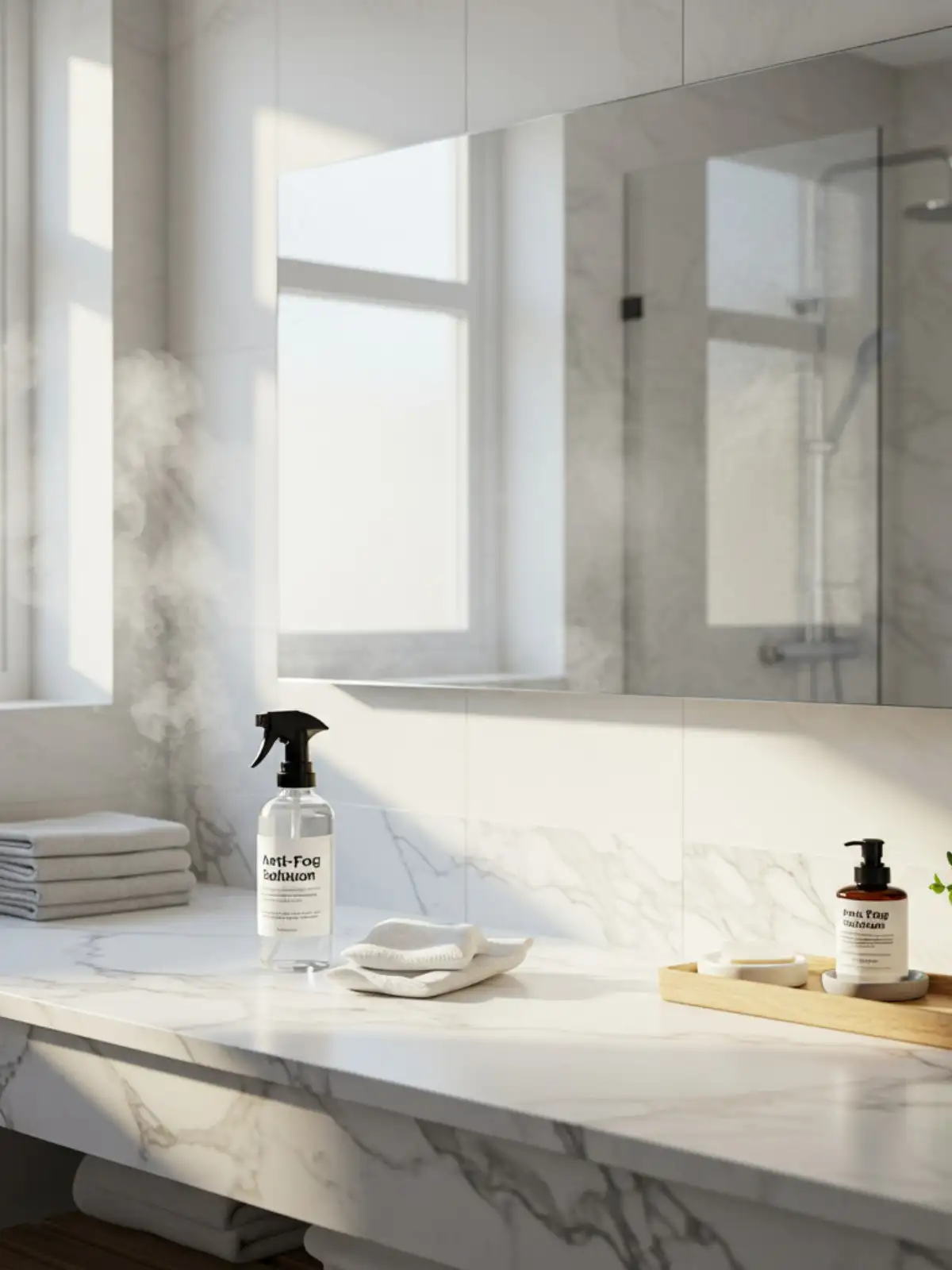 Clear bathroom mirror maintained with anti-fog solution and clean accessories