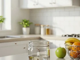 DIY fruit fly trap on clean kitchen countertop effectively attracting and trapping fruit flies