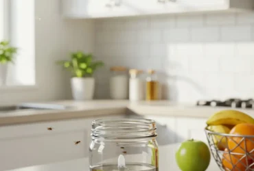 DIY fruit fly trap on clean kitchen countertop effectively attracting and trapping fruit flies