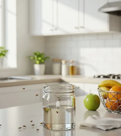 DIY fruit fly trap on clean kitchen countertop effectively attracting and trapping fruit flies