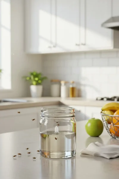 DIY fruit fly trap on clean kitchen countertop effectively attracting and trapping fruit flies