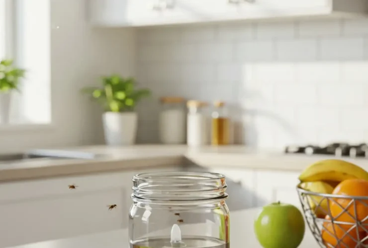 DIY fruit fly trap on clean kitchen countertop effectively attracting and trapping fruit flies