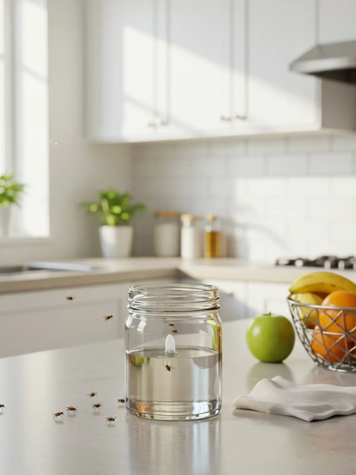 DIY fruit fly trap on clean kitchen countertop effectively attracting and trapping fruit flies
