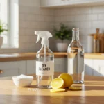 A clear spray bottle filled with homemade natural cleaner made from vinegar, baking soda, and lemon placed on a bright kitchen counter.