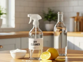 A clear spray bottle filled with homemade natural cleaner made from vinegar, baking soda, and lemon placed on a bright kitchen counter.