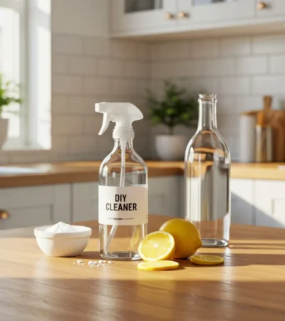 A clear spray bottle filled with homemade natural cleaner made from vinegar, baking soda, and lemon placed on a bright kitchen counter.