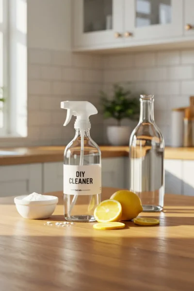 A clear spray bottle filled with homemade natural cleaner made from vinegar, baking soda, and lemon placed on a bright kitchen counter.