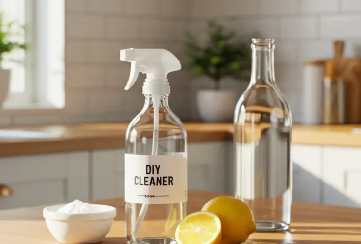 A clear spray bottle filled with homemade natural cleaner made from vinegar, baking soda, and lemon placed on a bright kitchen counter.