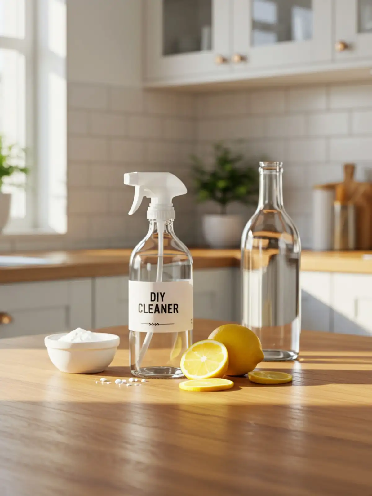 A clear spray bottle filled with homemade natural cleaner made from vinegar, baking soda, and lemon placed on a bright kitchen counter.