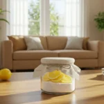 A bright living room with sunlight, plants, and a small glass jar filled with baking soda and lemon slices used to make the house smell fresh naturally.