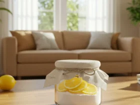 A bright living room with sunlight, plants, and a small glass jar filled with baking soda and lemon slices used to make the house smell fresh naturally.