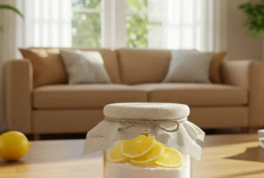 A bright living room with sunlight, plants, and a small glass jar filled with baking soda and lemon slices used to make the house smell fresh naturally.
