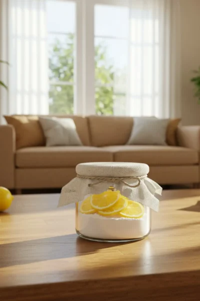 A bright living room with sunlight, plants, and a small glass jar filled with baking soda and lemon slices used to make the house smell fresh naturally.