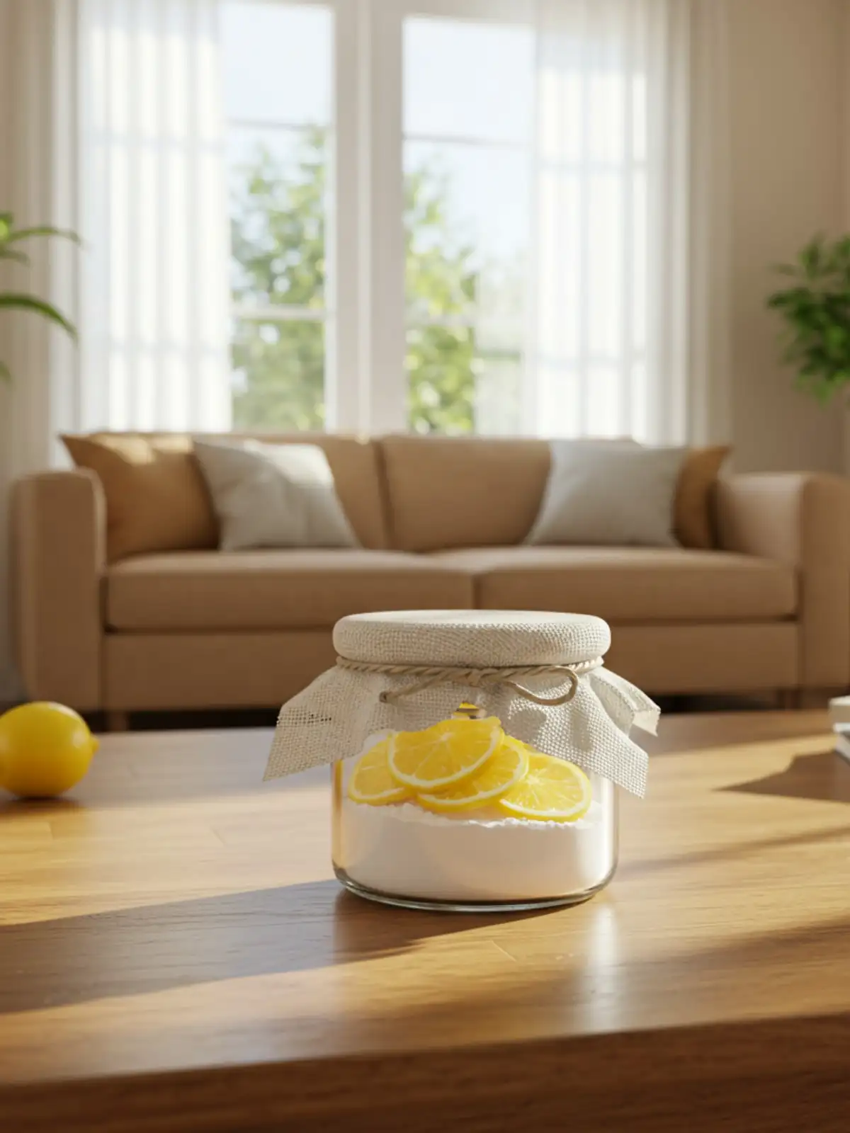 A bright living room with sunlight, plants, and a small glass jar filled with baking soda and lemon slices used to make the house smell fresh naturally.