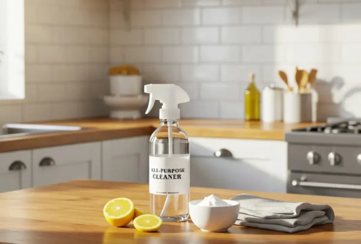 Clean and organized kitchen with sparkling countertops and appliances, showing a budget-friendly makeover