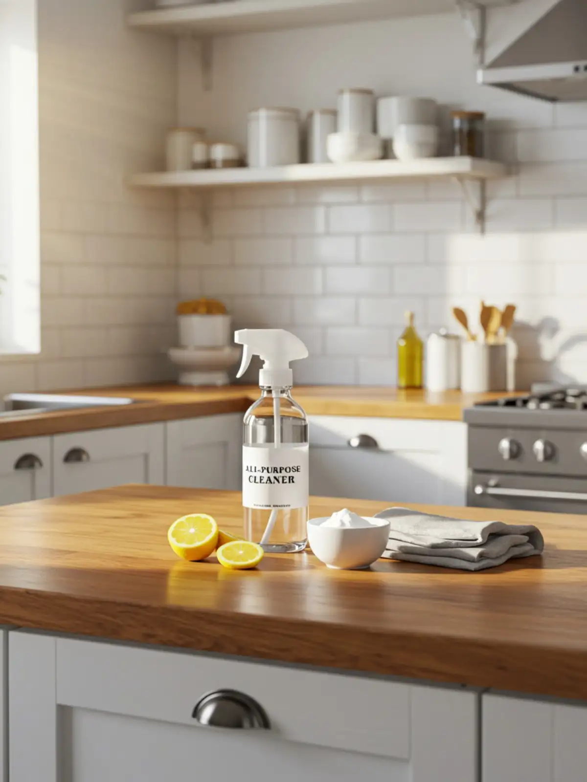 Clean and organized kitchen with sparkling countertops and appliances, showing a budget-friendly makeover