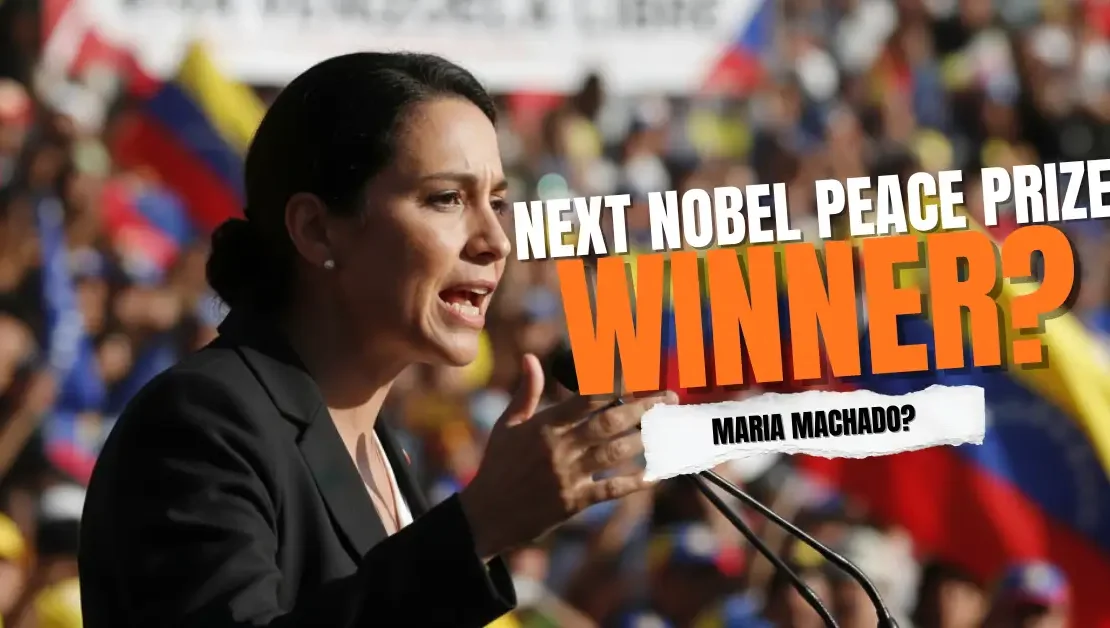 Venezuelan opposition leader Maria Machado, a top contender for the Nobel Peace Prize, addressing a crowd.