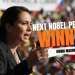 Venezuelan opposition leader Maria Machado, a top contender for the Nobel Peace Prize, addressing a crowd.