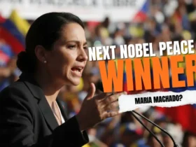 Venezuelan opposition leader Maria Machado, a top contender for the Nobel Peace Prize, addressing a crowd.