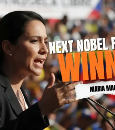 Venezuelan opposition leader Maria Machado, a top contender for the Nobel Peace Prize, addressing a crowd.