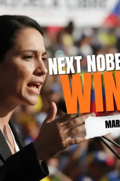 Venezuelan opposition leader Maria Machado, a top contender for the Nobel Peace Prize, addressing a crowd.